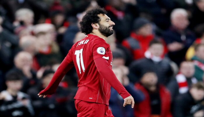Penyerang Liverpool, Mohamed Salah merayakan gol yang dicetaknya. (reuters)