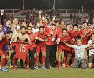 Timnas Indonesia U-22 saat merayakan lolos ke final SEA Games 2019. (twitter @pssi)