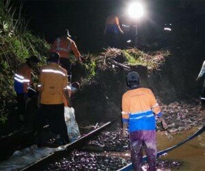 Petugas melakukan perbaikan jalur kereta di KM 17+400 antara Stasiun Maseng-Cigombong yang terdampak bencana longsor. (ist)